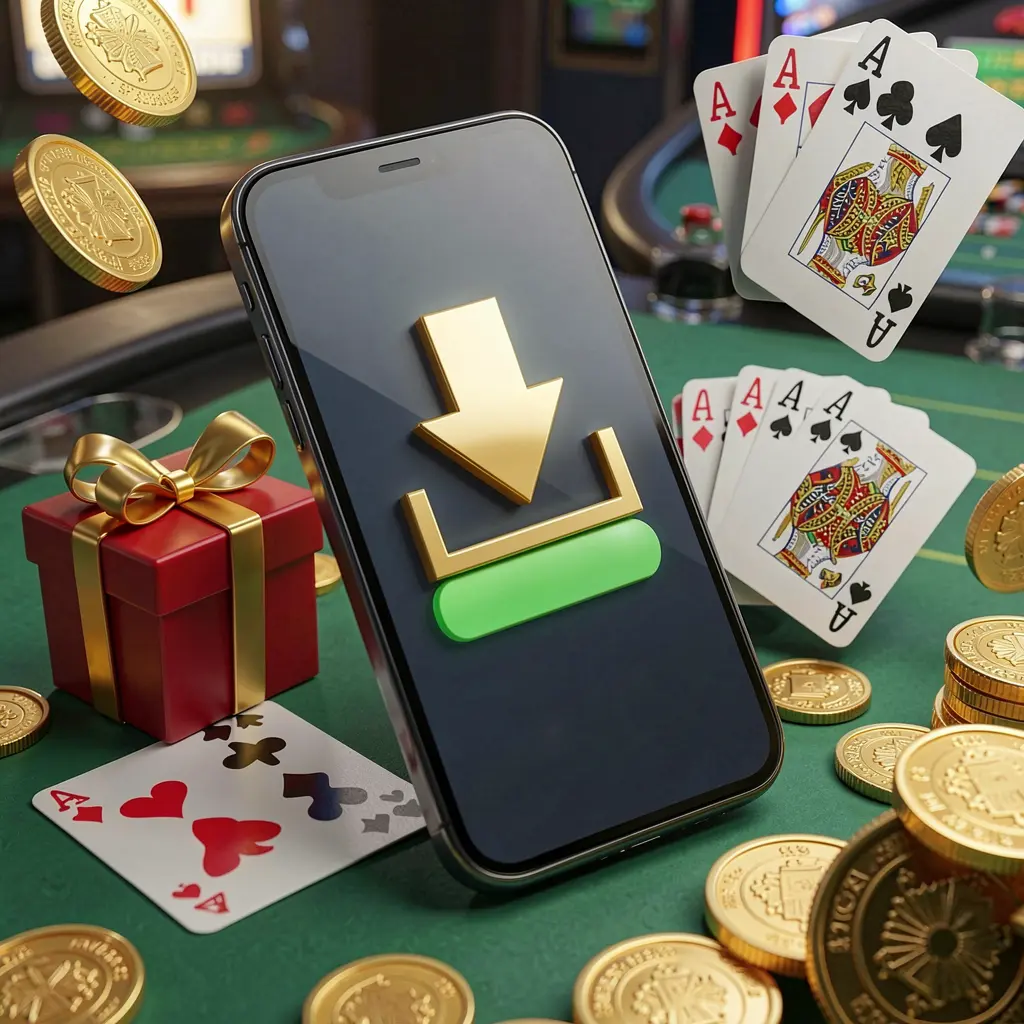 KHUSHIBAZI casino app download concept showing a smartphone with a download icon surrounded by golden coins, a gift box, and playing cards in a modern mobile gaming atmosphere