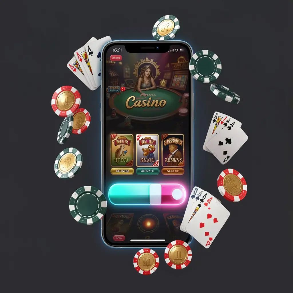 KHUSHIBAZI casino app installation visual showing a smartphone with a glowing progress bar, surrounded by coins, chips, and playing cards on a dark background