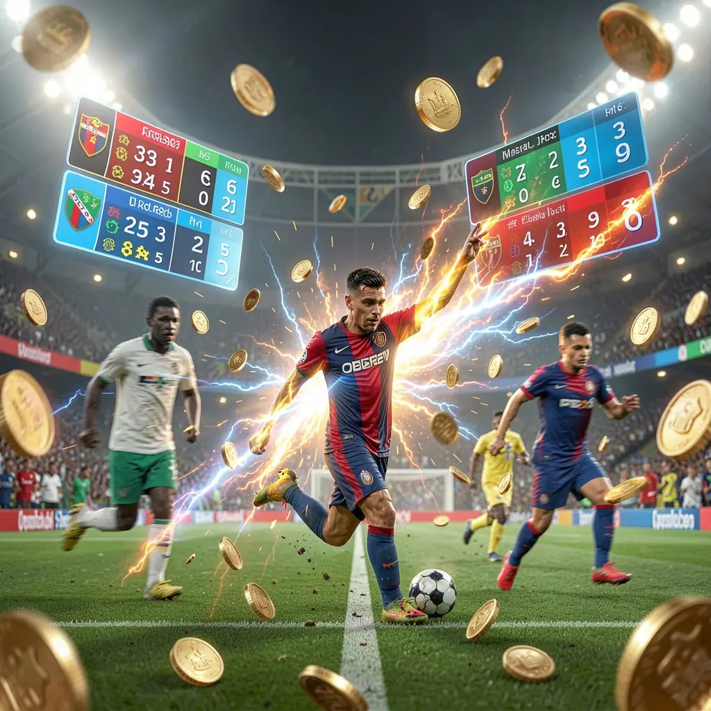 KHUSHIBAZI live football betting scene showing a soccer stadium with bright lights, blurred players in action, floating odds panels, coins, and dynamic energy effects in a premium cinematic render