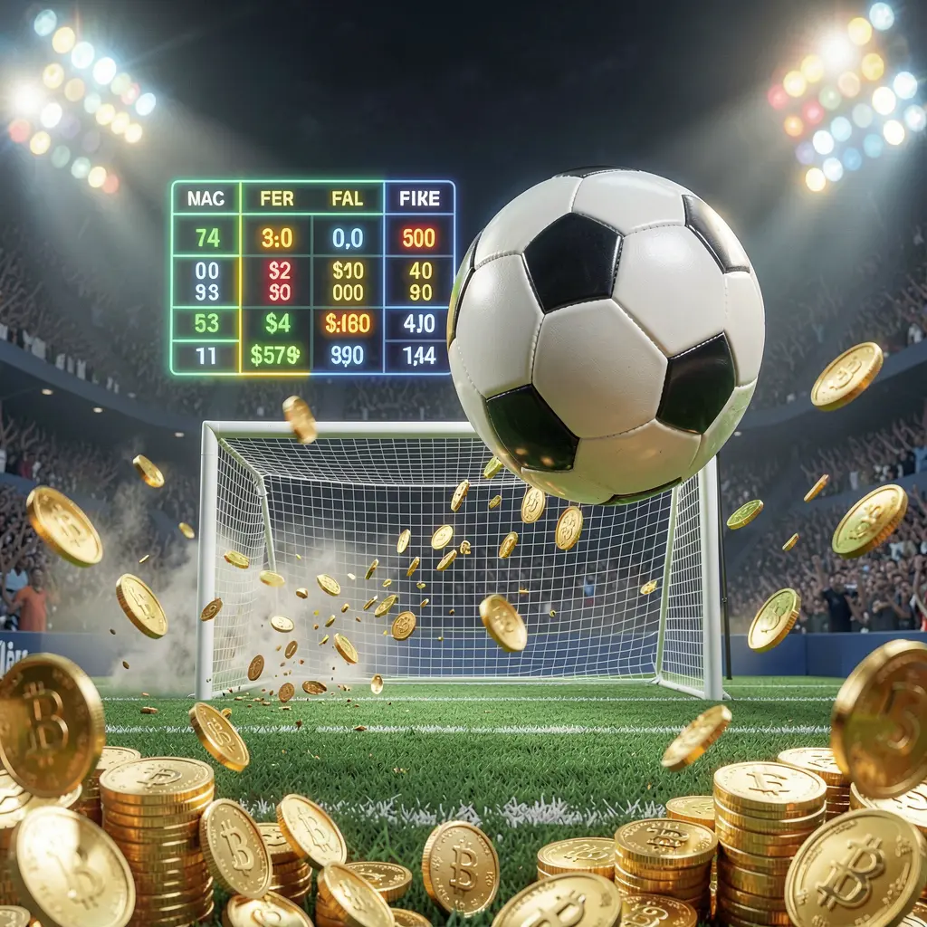 KHUSHIBAZI premium match betting visual showing a soccer ball flying toward the goal in a stadium with floodlights, glowing odds interface, and golden coins creating a dynamic sports betting atmosphere