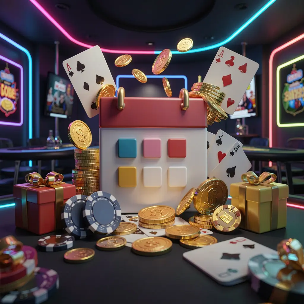 KHUSHIBAZI weekly online casino bonus concept featuring a calendar icon surrounded by golden coins, gift boxes, poker chips, and playing cards in a festive casino atmosphere with dark modern background and neon lights