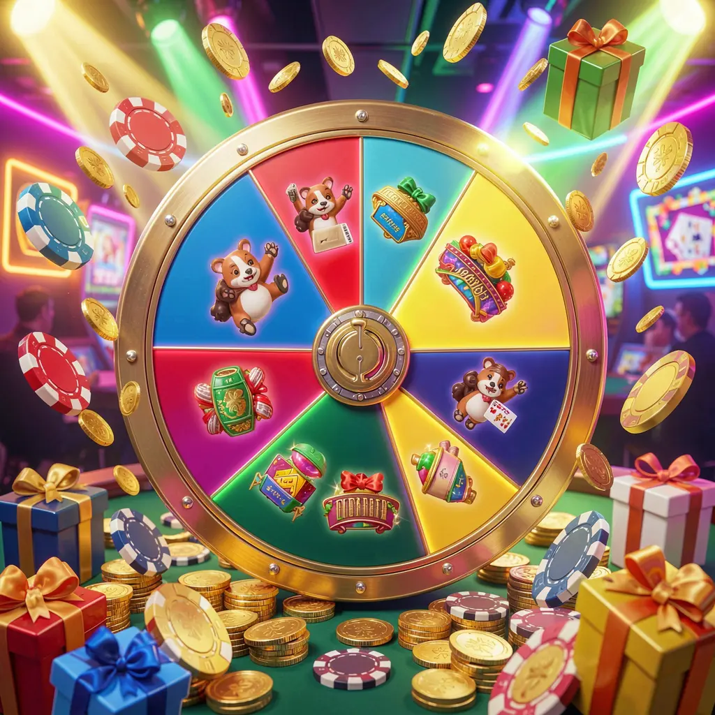 KHUSHIBAZI casino bonus wheel with colorful prize sections surrounded by golden coins, chips, and gift boxes under bright neon casino lights in a dynamic composition