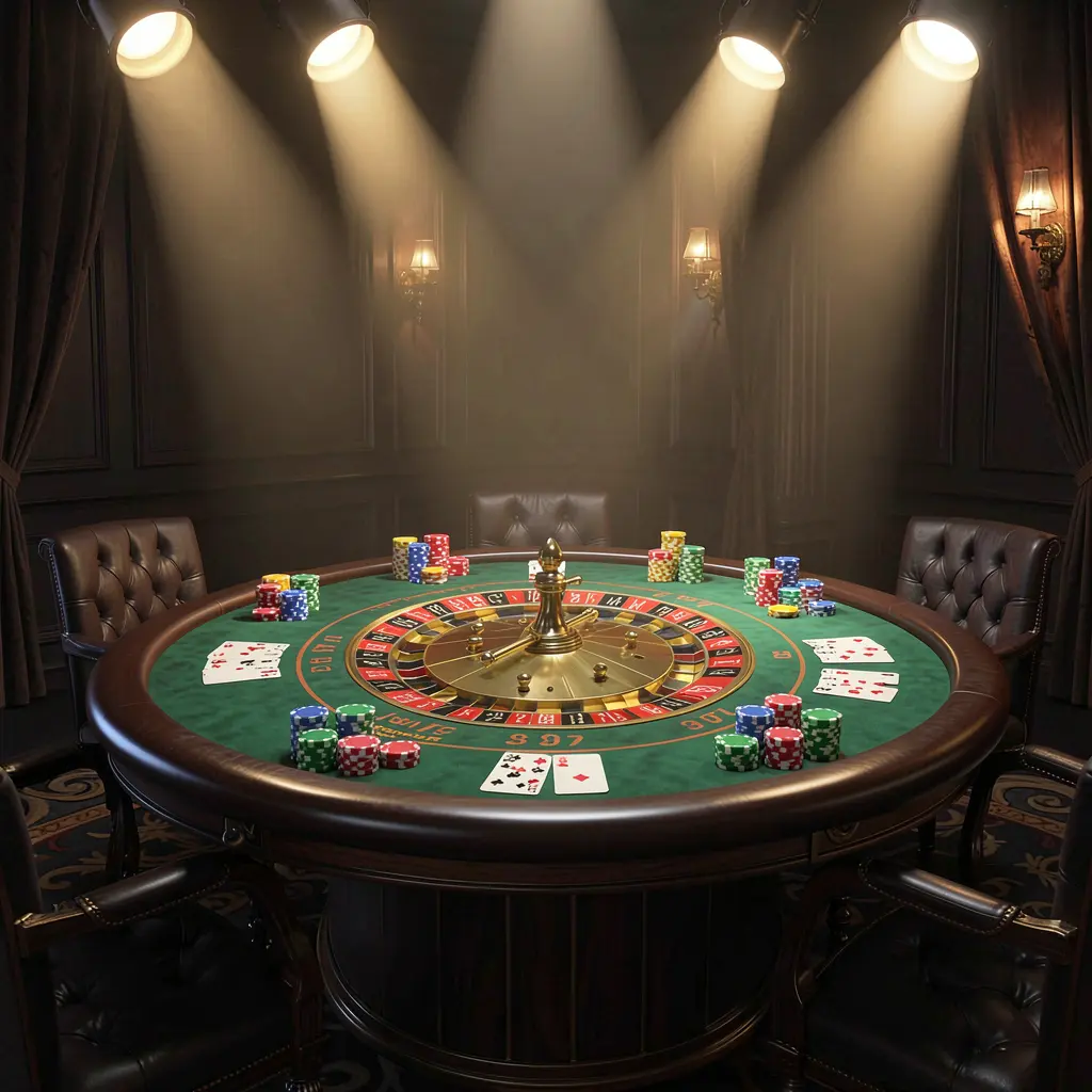 KHUSHIBAZI live casino scene featuring a roulette table, playing cards, and chips under glowing spotlights with a dark elegant background in a cinematic 3D style KHUSHIBAZI live casino scene featuring a roulette table, playing cards, and chips under glowing spotlights with a dark elegant background in a cinematic 3D style
