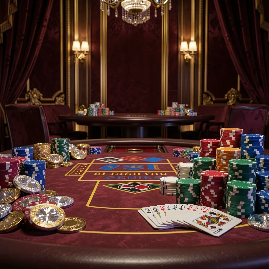 Luxury casino atmosphere featuring a blackjack table with poker cards, stacks of chips, and sparkling coins against a dark red and gold background, showcasing KHUSHIBAZI's elegant gaming experience Luxury casino atmosphere featuring a blackjack table with poker cards, stacks of chips, and sparkling coins against a dark red and gold background, showcasing KHUSHIBAZI's elegant gaming experience
