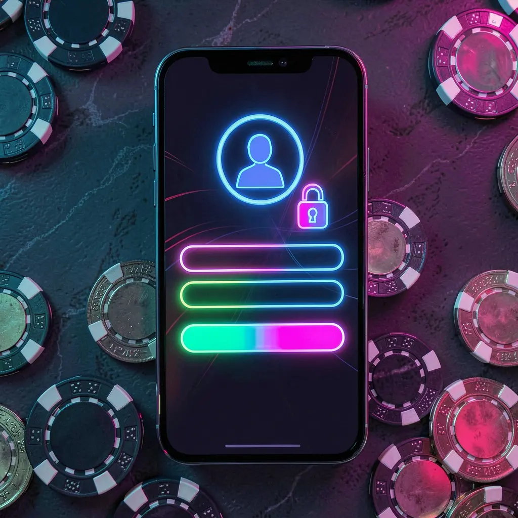 KHUSHIBAZI mobile gaming login page concept featuring a smartphone with an abstract login interface, user and lock icons, surrounded by casino chips and coins under luxury neon lighting