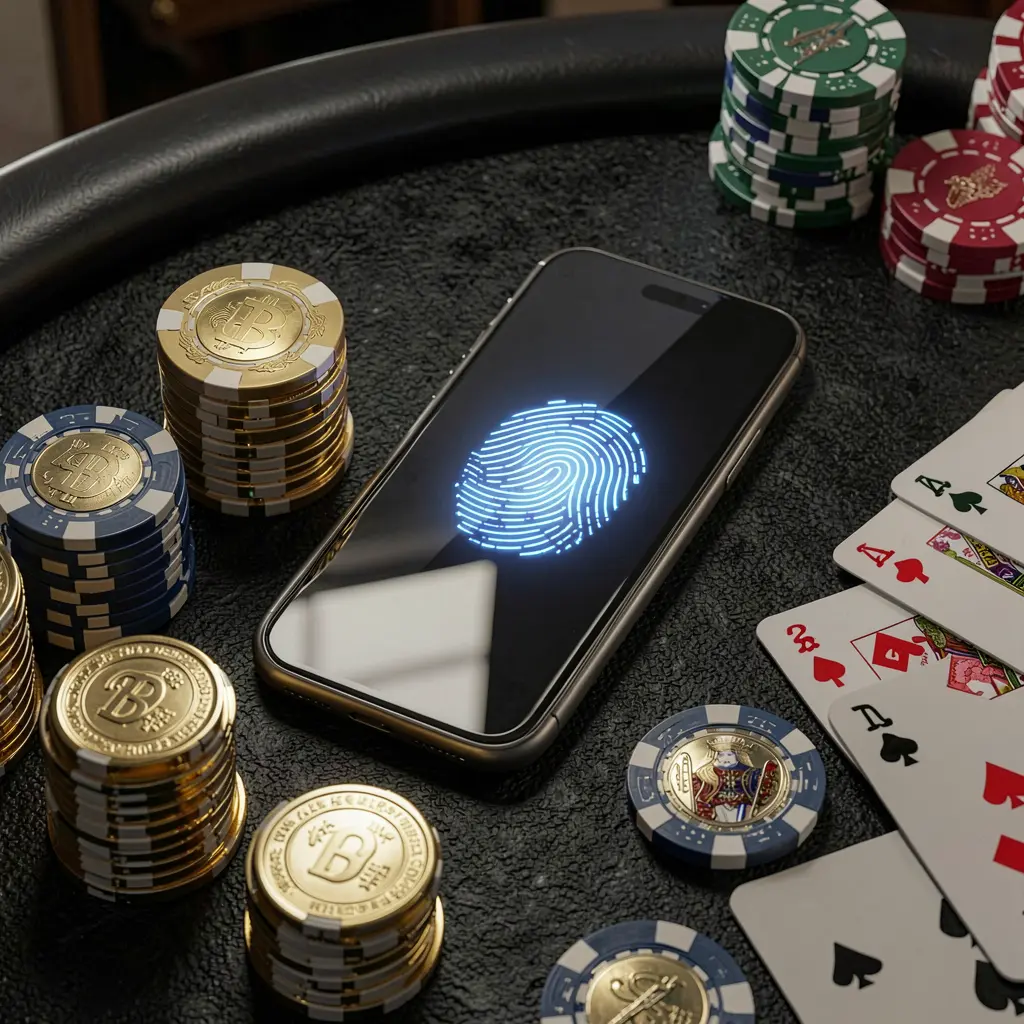 KHUSHIBAZI online casino authentication concept showing a phone with glowing fingerprint scan on a premium black table surrounded by poker chips, golden coins, and playing cards in a cinematic 3D render
