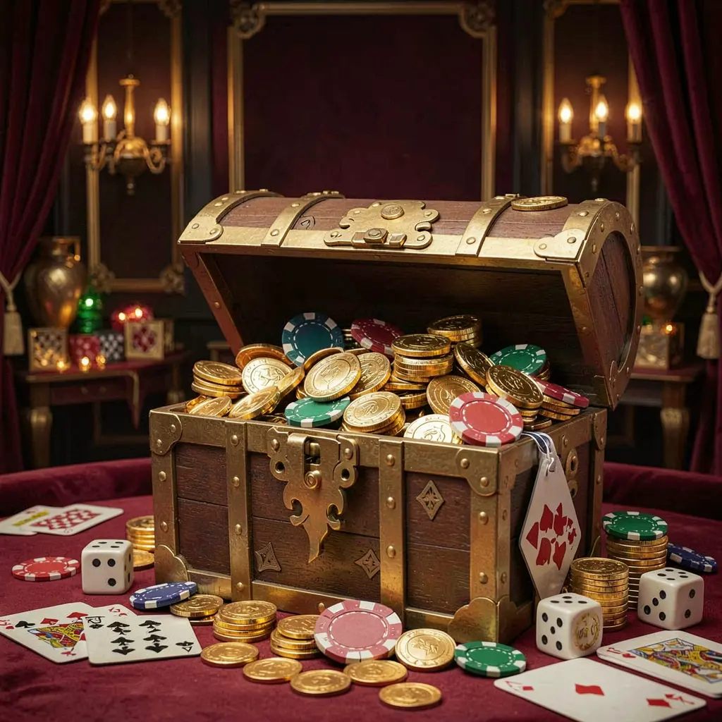 KHUSHIBAZI online casino welcome banner featuring a treasure chest filled with golden coins and casino chips, playing cards and dice nearby against a dark luxury background creating a festive premium atmosphere KHUSHIBAZI online casino welcome banner featuring a treasure chest filled with golden coins and casino chips, playing cards and dice nearby against a dark luxury background creating a festive premium atmosphere